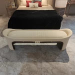 Elegant Beige Leather Bed Bench with Natural Wood Veneer & Gold Accents